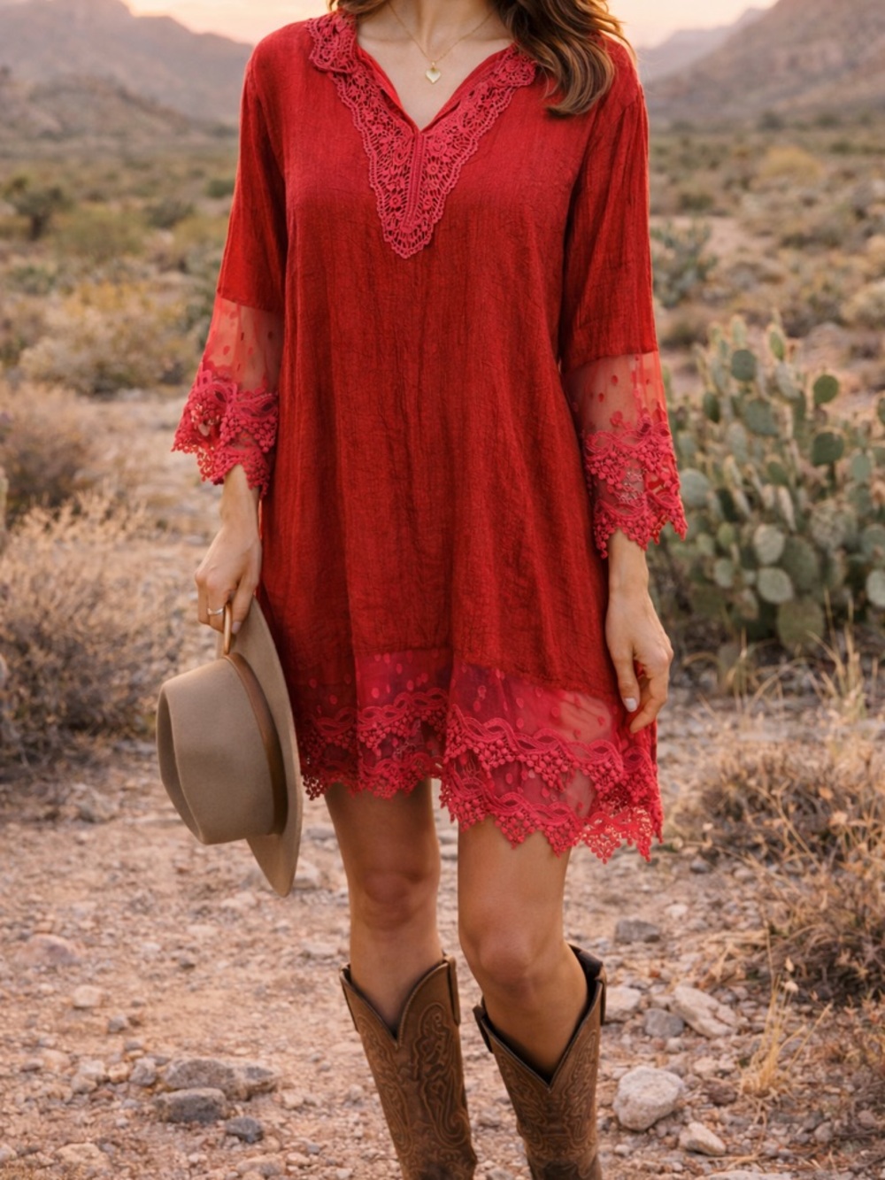 Red Lace Boho Western Tunic Top Sheer Sleeve Romantic Blouse Festival Rodeo M